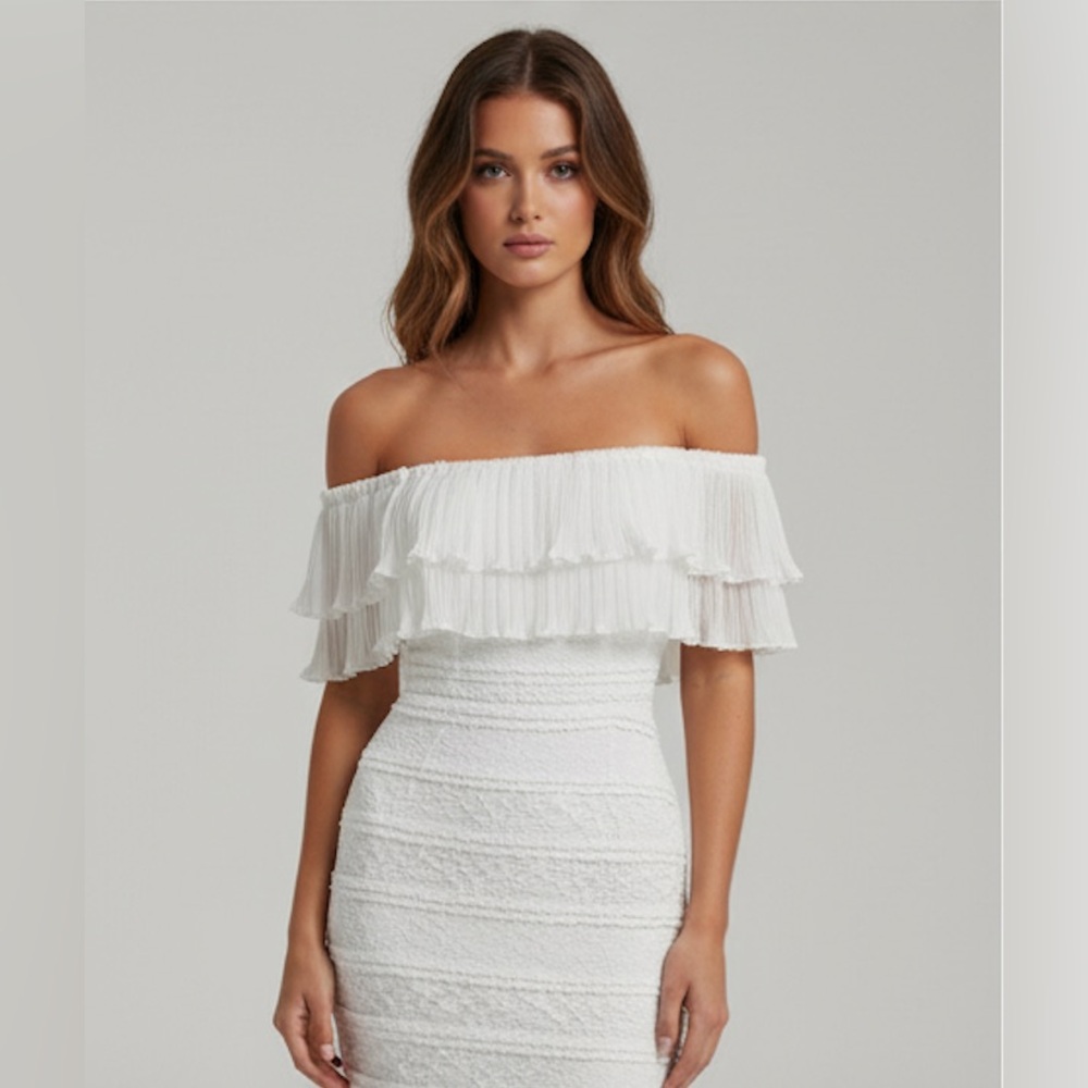 Knitted Lace Off Shoulder Form-Fitting Fish Tail Dress White - Picture 2 of 6